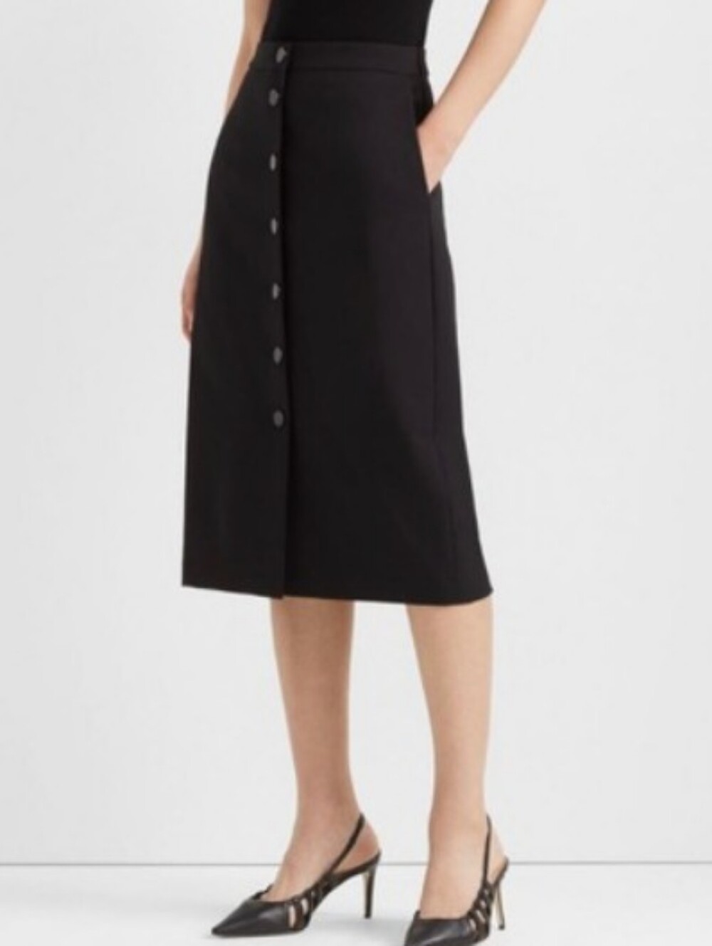 Club Monaco Black Button-Front Midi Skirt
